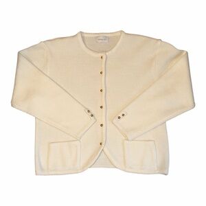 Vintage Cream Textured Knit Cardigan Gold Buttons Ashley Hill Grannycore Preppy
